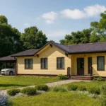 Проект дома «Л-59» из СИП-панелей, 59 м² — одноэтажный дом с жёлтым фасадом, коричневой крышей и навесом для машины | HotWell.KZ