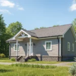 Проект дома «Л-75» из СИП-панелей, 75 м² — одноэтажный дом с серым сайдингом, серой крышей и крыльцом | HotWell.KZ