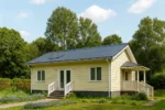 Проект дома «Л-89» из СИП-панелей, 89 м² — одноэтажный дом с жёлтым фасадом, синей крышей и крытым крыльцом | HotWell.KZ