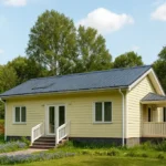 Проект дома «Л-89» из СИП-панелей, 89 м² — одноэтажный дом с жёлтым фасадом, синей крышей и крытым крыльцом | HotWell.KZ