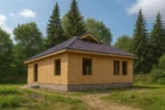 Дом «Л-91», 91 м², 1 этаж, в черновой отделке: коробка из СИП-панелей OSB-3, вальмовая кровля из металлочерепицы, проёмы без окон и дверей
