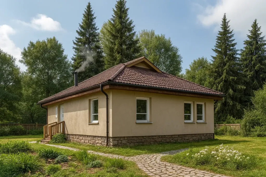 Проект дома «Л-91» Проект дома «Л-91» из СИП-панелей, 91 м² — одноэтажный дом с бежевым фасадом и коричневой крышей | HotWell.KZ