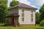 Проект дома «Л-91Б» из СИП-панелей, 91 м² — двухэтажный дом с бежевым сайдингом, коричневой крышей и террасой | HotWell.KZ