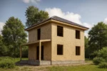Дом «Л-91Б», 91 м², 2 этажа, в черновой отделке: коробка из СИП-панелей OSB-3, вальмовая кровля из металлочерепицы, проёмы без окон и дверей, в проёмах видны сосновые балки перекрытия