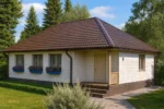 Проект дома «Л-92» из СИП-панелей, 92 м² — одноэтажный дом с белым фасадом, коричневой крышей и крыльцом | HotWell.KZ