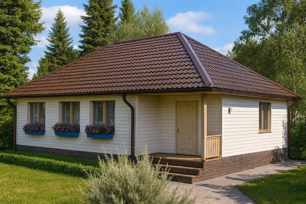 Проект дома «Л-92» Проект дома «Л-92» из СИП-панелей, 92 м² — одноэтажный дом с белым фасадом, коричневой крышей и крыльцом | HotWell.KZ
