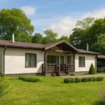 Проект дома «Л-93» из СИП-панелей, 93 м² — одноэтажный дом с белым фасадом, коричневой крышей и террасой | HotWell.KZ