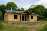 Дом «Л-93», 93 м², 1 этаж, в черновой отделке: коробка из СИП-панелей OSB-3, двускатная кровля из металлочерепицы, проёмы без окон и дверей