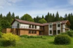 Проект дома «Л-938» из СИП-панелей, 938 м² — двухэтажный дом с деревянным фасадом, коричневой крышей и балконом | HotWell.KZ