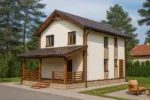 Проект дома «Л-94Б» из СИП-панелей, 94 м² — двухэтажный дом с бежевым фасадом, коричневой крышей и крытой террасой | HotWell.KZ