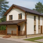 Проект дома «Л-94Б» из СИП-панелей, 94 м² — двухэтажный дом с бежевым фасадом, коричневой крышей и крытой террасой | HotWell.KZ