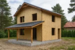 Дом «Л-94Б», 94 м², 2 этажа, в черновой отделке: коробка из СИП-панелей OSB-3, двускатная кровля из металлочерепицы, проёмы без окон и дверей, в проёмах видны сосновые балки перекрытия