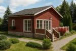 Проект дома «М-100» из СИП-панелей, 100 м² — одноэтажный дом с красным фасадом, серой крышей и террасой | HotWell.KZ