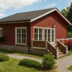 Проект дома «М-100» из СИП-панелей, 100 м² — одноэтажный дом с красным фасадом, серой крышей и террасой | HotWell.KZ