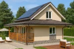 Проект дома «М-100Г» из СИП-панелей, 100 м² — двухэтажный дом с бежевым фасадом, коричневой крышей и террасой | HotWell.KZ