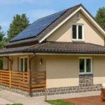 Проект дома «М-100Г» из СИП-панелей, 100 м² — двухэтажный дом с бежевым фасадом, коричневой крышей и террасой | HotWell.KZ