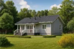 Проект дома «М-100В» из СИП-панелей, 100 м² — одноэтажный дом с серым фасадом, черной крышей и крытым крыльцом | HotWell.KZ