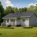 Проект дома «М-100В» из СИП-панелей, 100 м² — одноэтажный дом с серым фасадом, черной крышей и крытым крыльцом | HotWell.KZ