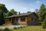 Проект дома «М-102» из СИП-панелей, 102 м² — одноэтажный дом с серым фасадом, темной крышей и террасой | HotWell.KZ
