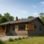 Проект дома «М-102» из СИП-панелей, 102 м² — одноэтажный дом с серым фасадом, темной крышей и террасой | HotWell.KZ
