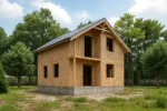 Дом «М-104Б», 104 м², 1.5 этажа, в черновой отделке: коробка из СИП-панелей OSB-3, двускатная кровля из металлочерепицы, проёмы без окон и дверей, в проёмах видны сосновые балки перекрытия