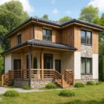 Проект дома «М-110Б» из СИП-панелей, 110 м² — двухэтажный дом с каменным фасадом, черной крышей и террасой | HotWell.KZ