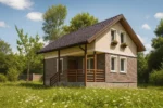 Проект дома «М-112В» из СИП-панелей, 112 м² — двухэтажный дом с коричневым фасадом, темной крышей и террасой | HotWell.KZ