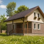 Проект дома «М-112В» из СИП-панелей, 112 м² — двухэтажный дом с коричневым фасадом, темной крышей и террасой | HotWell.KZ