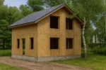Дом «М-117», 117 м², 1.5 этажа, в черновой отделке: коробка из СИП-панелей OSB-3, двускатная кровля из металлочерепицы, проёмы без окон и дверей, в проёмах видны сосновые балки перекрытия