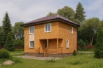 Проект дома «М-117Б» из СИП-панелей, 117 м² — двухэтажный дом с оранжевым фасадом, коричневой крышей и крыльцом | HotWell.KZ