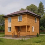Проект дома «М-117Б» из СИП-панелей, 117 м² — двухэтажный дом с оранжевым фасадом, коричневой крышей и крыльцом | HotWell.KZ