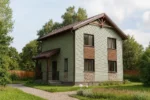 Проект дома «М-120» из СИП-панелей, 120 м² — двухэтажный дом с зелёным фасадом, коричневой крышей и крыльцом | HotWell.KZ