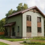 Проект дома «М-120» из СИП-панелей, 120 м² — двухэтажный дом с зелёным фасадом, коричневой крышей и крыльцом | HotWell.KZ