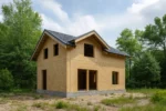 Дом «М-121Б», 121 м², 1.5 этажа, в черновой отделке: коробка из СИП-панелей OSB-3, двускатная кровля из металлочерепицы, проёмы без окон и дверей, в проёмах видны сосновые балки перекрытия