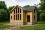 Дом «М-125Б», 125 м², 1.5 этажа, в черновой отделке: коробка из СИП-панелей OSB-3, двускатная кровля из металлочерепицы, проёмы без окон и дверей, в проёмах видны сосновые балки перекрытия