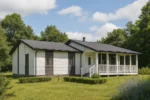 Проект дома «М-126» из СИП-панелей, 126 м² — одноэтажный дом с белым фасадом, серой крышей и крытой террасой | HotWell.KZ