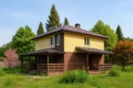 Проект дома «М-128» из СИП-панелей, 128 м² — двухэтажный дом с жёлтым фасадом, коричневой крышей и террасой | HotWell.KZ