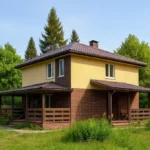 Проект дома «М-128» из СИП-панелей, 128 м² — двухэтажный дом с жёлтым фасадом, коричневой крышей и террасой | HotWell.KZ