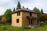 Дом «М-128», 128 м², 2 этажа, в черновой отделке: коробка из СИП-панелей OSB-3, вальмовая кровля из металлочерепицы, проёмы без окон и дверей, в проёмах видны сосновые балки перекрытия