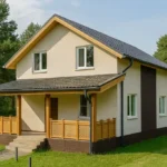 Проект дома «М-131» из СИП-панелей, 131 м² — двухэтажный дом с бежевым фасадом, серой крышей и крытым крыльцом | HotWell.KZ