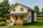 Проект дома «М-131Б» из СИП-панелей, 131 м² — двухэтажный дом с бежевым фасадом, серой крышей и крытым крыльцом | HotWell.KZ