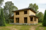 Дом «М-131Б», 131 м², 2 этажа, в черновой отделке: коробка из СИП-панелей OSB-3, вальмовая кровля из металлочерепицы, проёмы без окон и дверей, в проёмах видны сосновые балки перекрытия