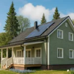 Проект дома «М-136» из СИП-панелей, 136 м² — двухэтажный дом с зелёным фасадом, чёрной крышей и крытым крыльцом | HotWell.KZ