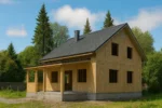 Дом «М-136», 136 м², 1.5 этажа, в черновой отделке: коробка из СИП-панелей OSB-3, двускатная кровля из металлочерепицы, проёмы без окон и дверей, в проёмах видны сосновые балки перекрытия