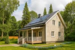 Проект дома «М-136Б» из СИП-панелей, 136 м² — двухэтажный дом с бежевым фасадом, черной крышей и террасой | HotWell.KZ