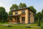Проект дома «М-137» из СИП-панелей, 137 м² — двухэтажный дом с бежевым фасадом, серой крышей и террасой | HotWell.KZ