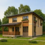 Проект дома «М-137» из СИП-панелей, 137 м² — двухэтажный дом с бежевым фасадом, серой крышей и террасой | HotWell.KZ