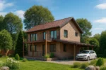 Проект дома «М-140» из СИП-панелей, 140 м² — двухэтажный дом с кирпичным фасадом, коричневой крышей и балконом | HotWell.KZ