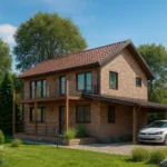 Проект дома «М-140» из СИП-панелей, 140 м² — двухэтажный дом с кирпичным фасадом, коричневой крышей и балконом | HotWell.KZ