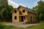 Дом «М-141», 141 м², 1.5 этажа, в черновой отделке: коробка из СИП-панелей OSB-3, двускатная кровля из металлочерепицы, проёмы без окон и дверей, в проёмах видны сосновые балки перекрытия